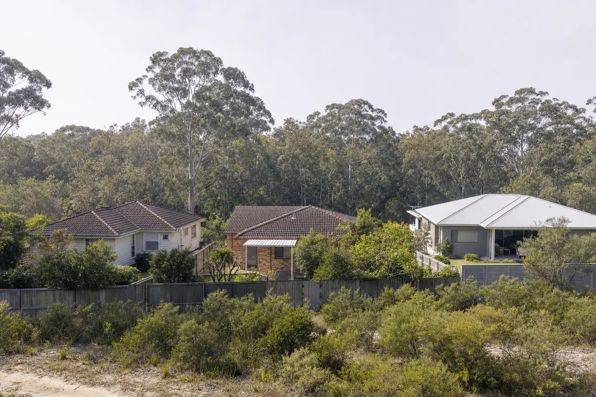The backyards of a weatherboard cottage, a brick-veneer house and a newer home between tall bushland behind and coastal heath in front — tree removal, Central Coast. Illustrative example.